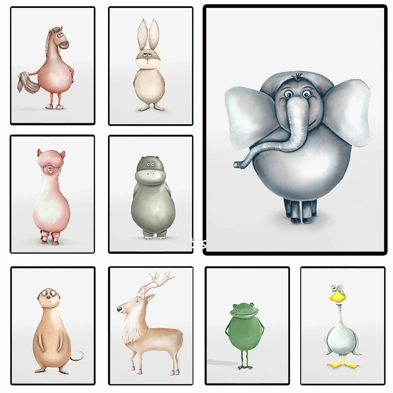 Baby Duck Baby Elephant Bassotto Alpaca Hedgehog Frog Cute Animals Canvas Painting Wall Art Picture For Room Nursery Decor