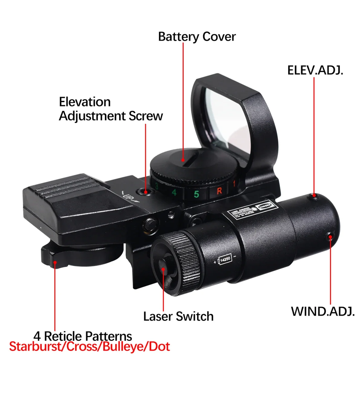 Description Picture 3 of itemRed Dot Sight with Laser Series HD103 HD101 4 Reticle Optics Sight Red Green Dot Airsoft Scopes Glock Hunting Rifle Scope