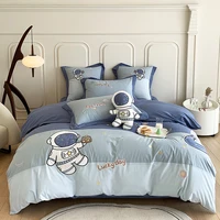 Blue Cute Cartoon Astronaut Embroidery 100% Cotton Boys Bedding Set Single Duvet Cover Set Bed Sheet Pillowcases Gifts For Child 1