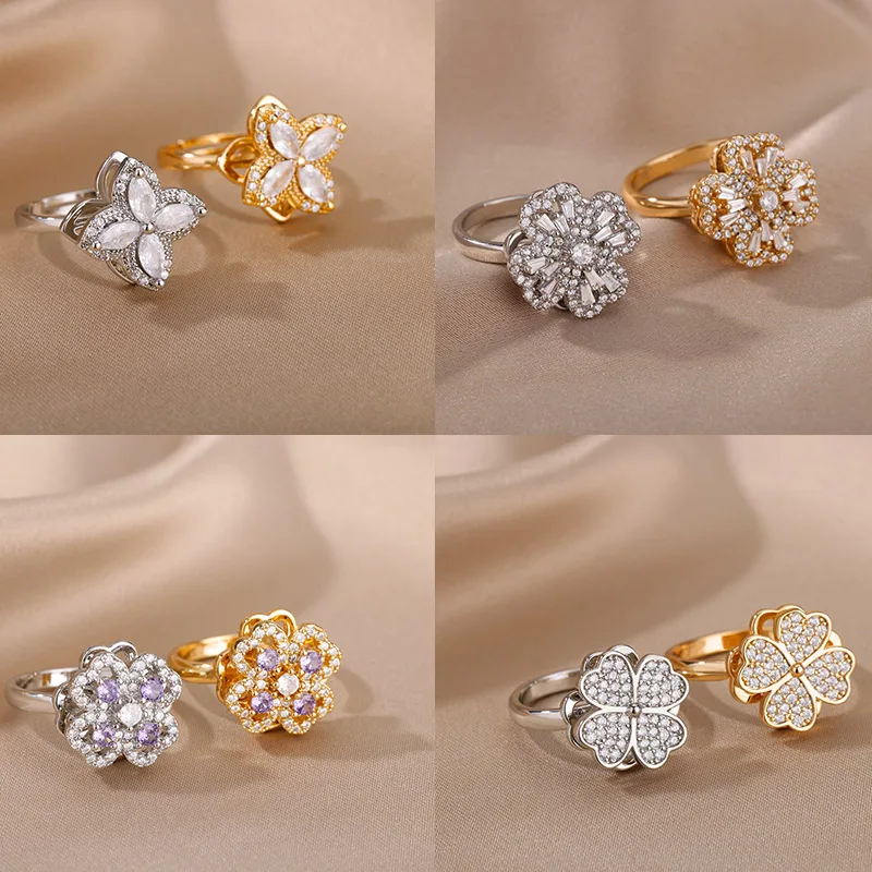 Anillos de trébol de cuatro hojas de corazón de circón de lujo para