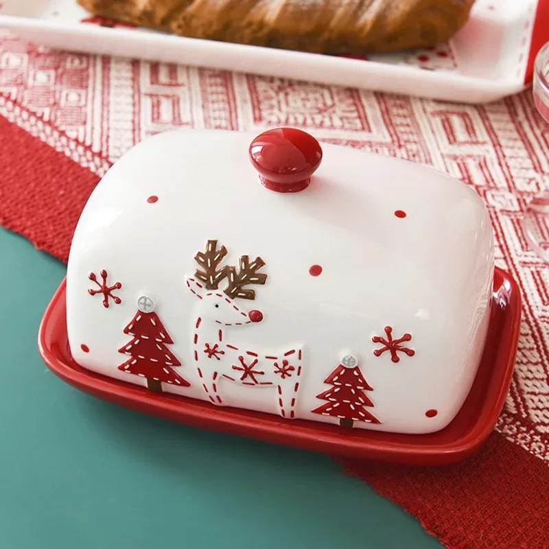 Ceramic Butter Dish Nordic Santa Claus Elk Cakes Sweets Desserts Plate Butter Plates Cheese Tray Tableware Christmas Food Tray butter storage box