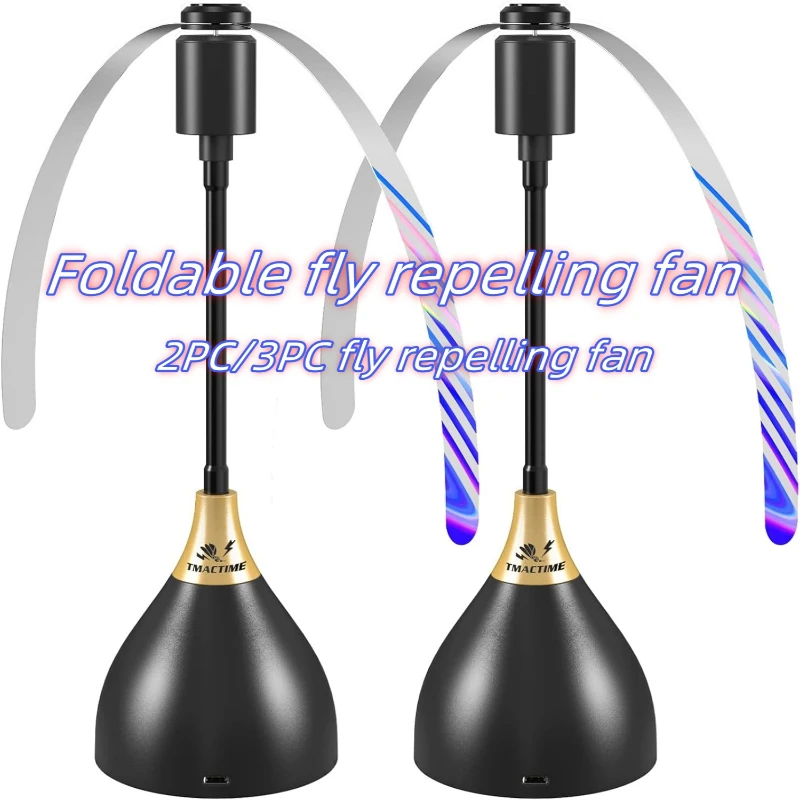 Foldable fly repellent fan standing on a table near food