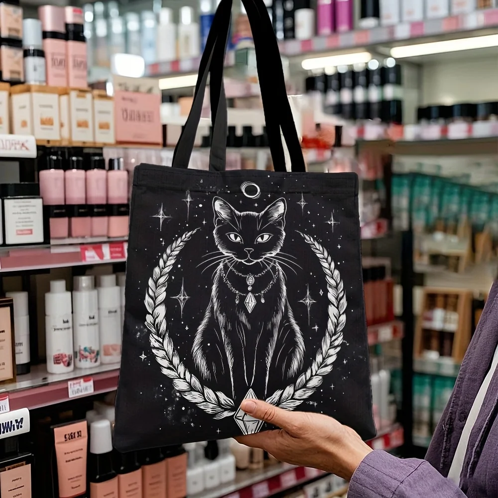 Sac à main cabas élégant chat noir et lune croissant nuit étoilée_voghion.com