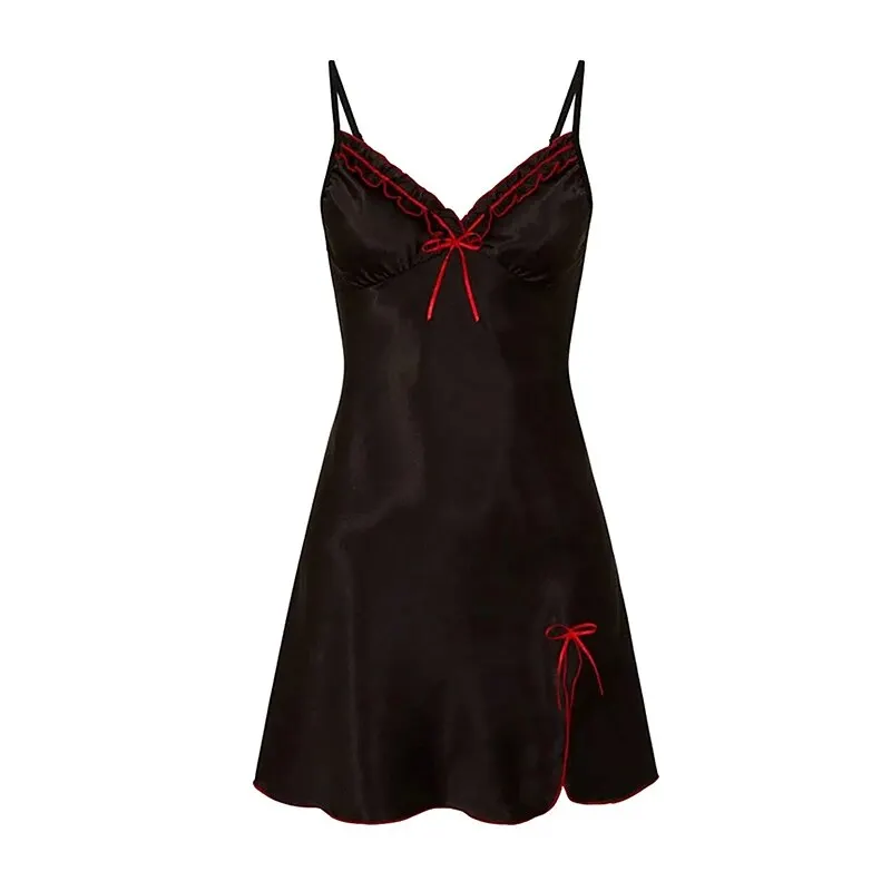 Women Nightgowns Summer Women Suspender Lace Sexy V-Neck Lace Hem Slightly Slit Dress Pajamas