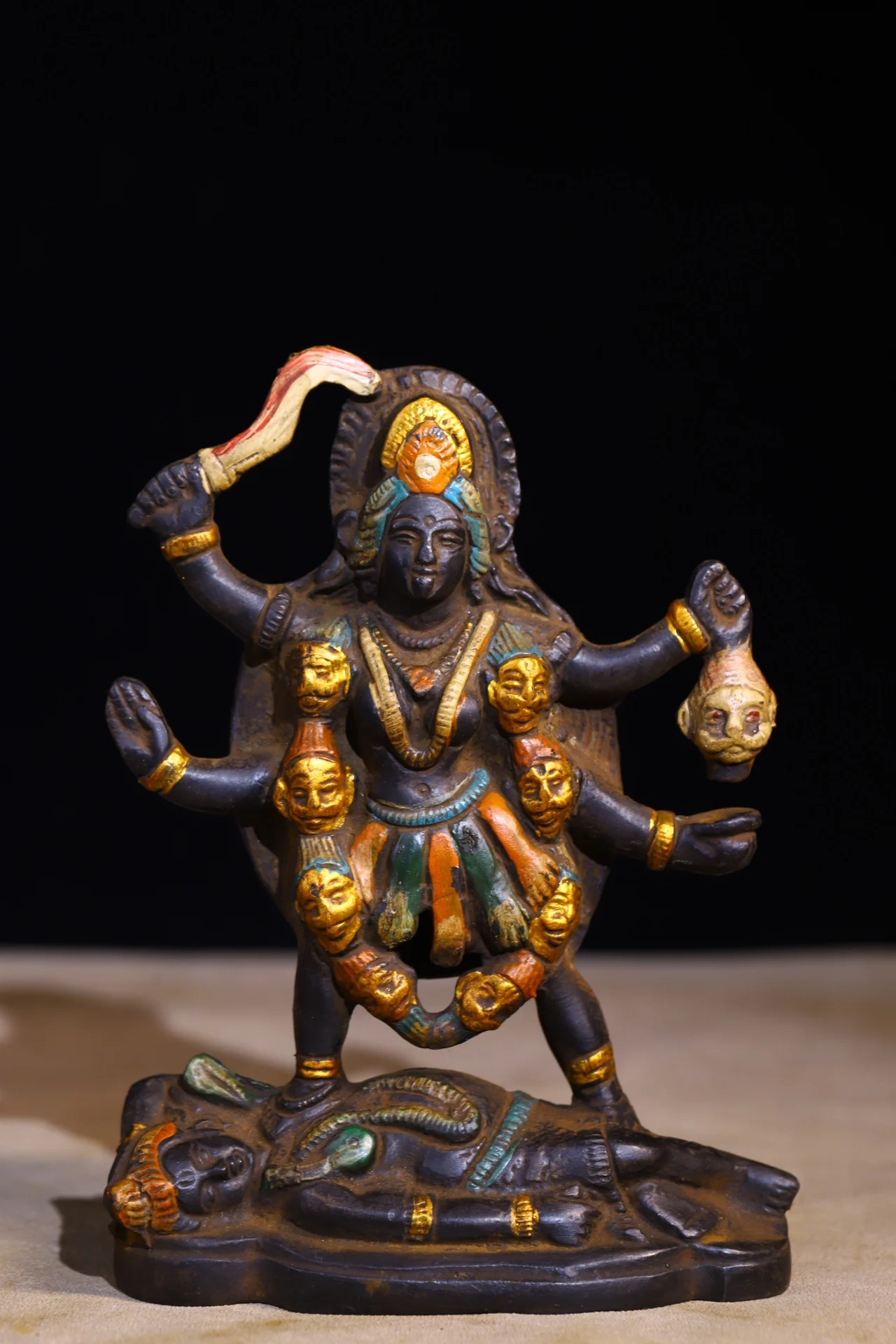 

6"Tibetan Temple Collection Old Bronze Painted Goddess Durga Gali Goddess Om Krīm Kalyai Namah Worship Hall Town House