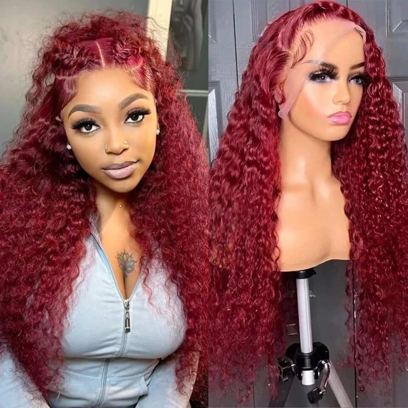 28Inch 99J Burgundy Deep Wave 13x4 HD Lace Frontal Human Hair Wigs Preplucked Red Colored Water Curly Lace Front Wig for Women