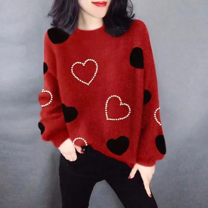 

Женский вязаный пуловер с длинным рукавом, Повседневный свитер с принтом сердечек, модель N181, 2024