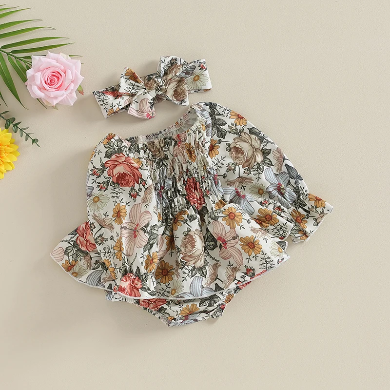 

Newborn Baby Girl Romper Dress Outfit Long Sleeve Off-shoulder Flower Print Headband Clothes