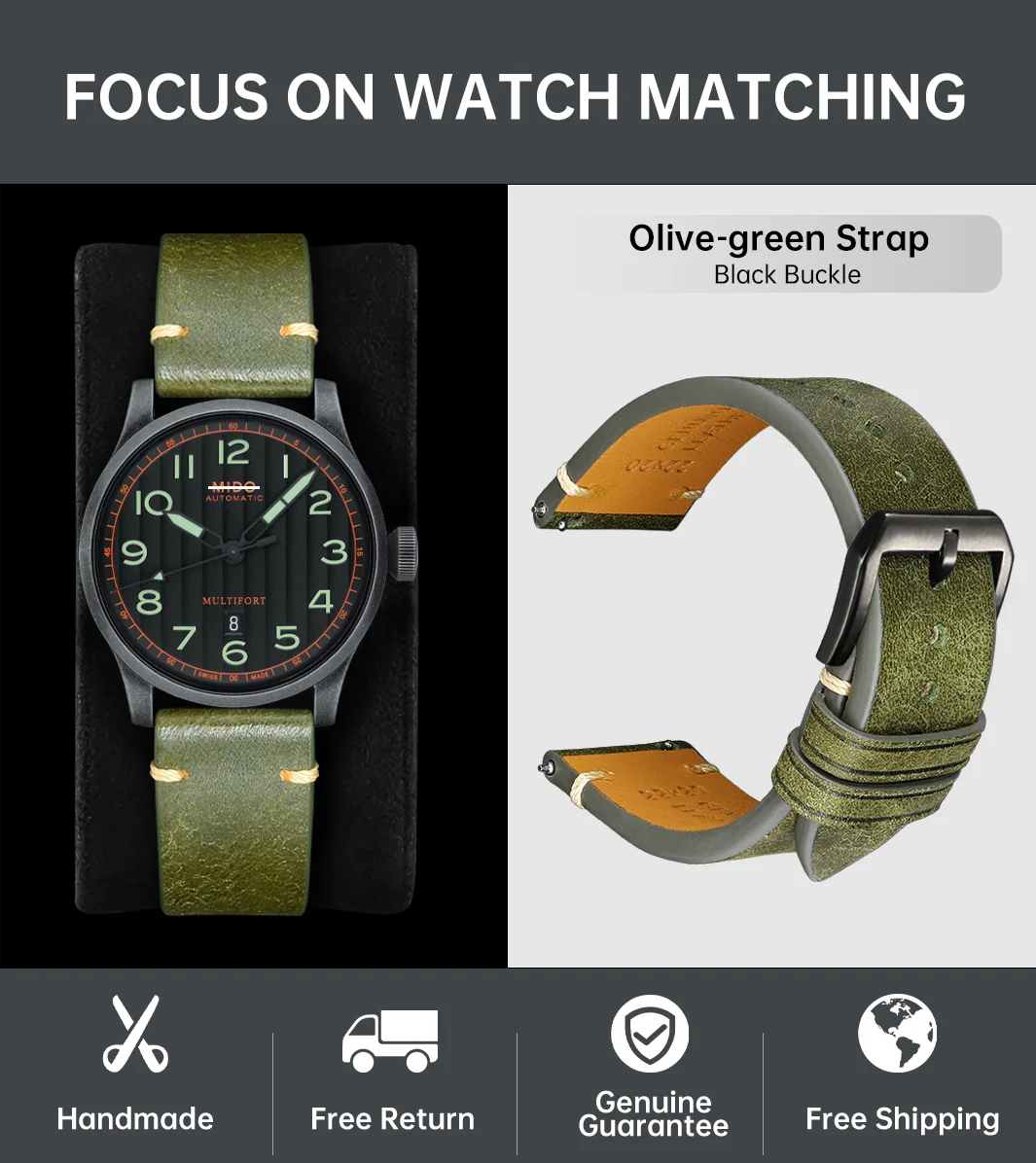 Italian Pueblo Leather Luxury Quick Release Watch Strap - Premium Watch Band Bracelet in 20mm & 22mm Sizes