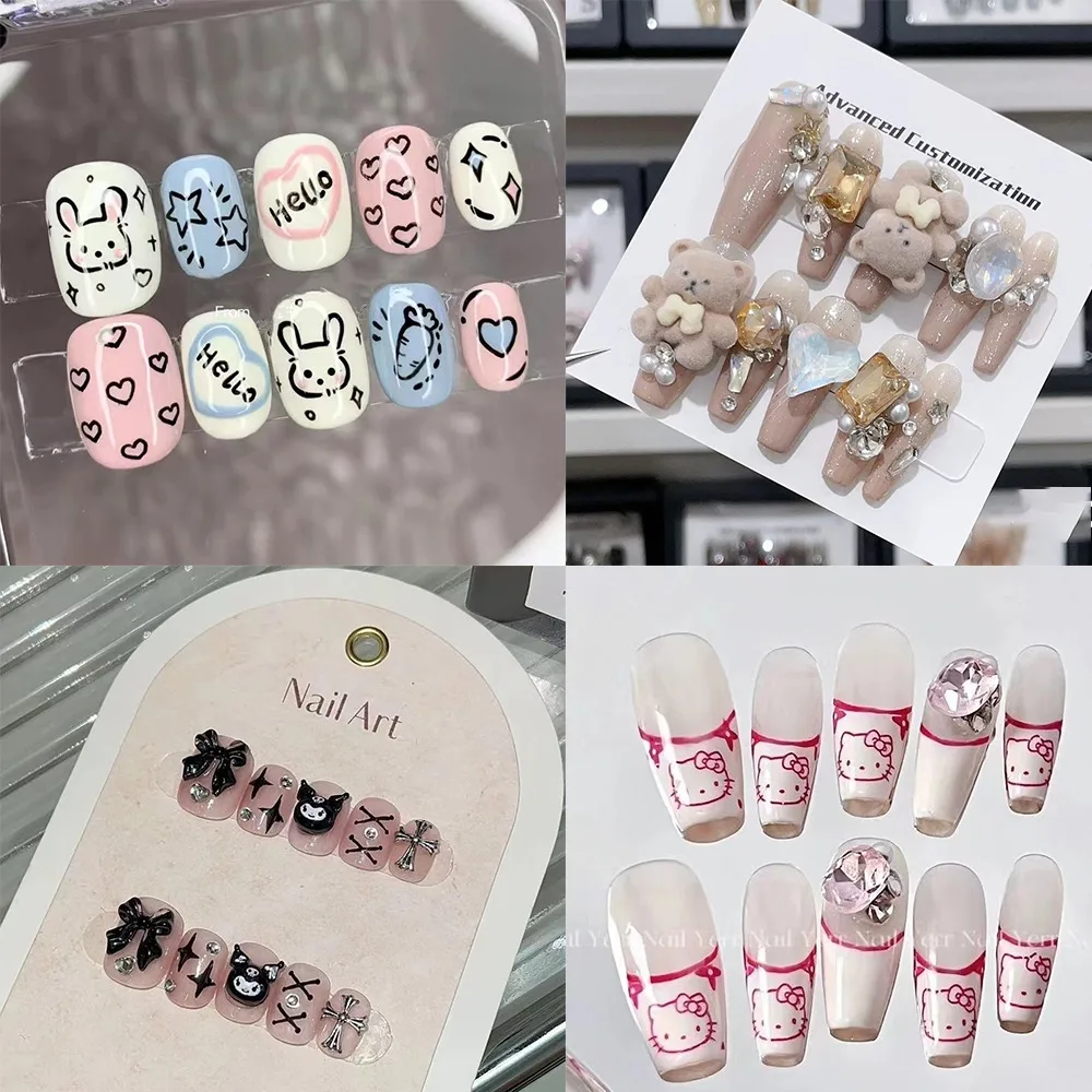 

Kawaii Sanrio Cute Kuromi Handwork Press-on Nails Hello Kitty Fake Nails Schoolgirl Attachment Decoration Couple Festivals Gift