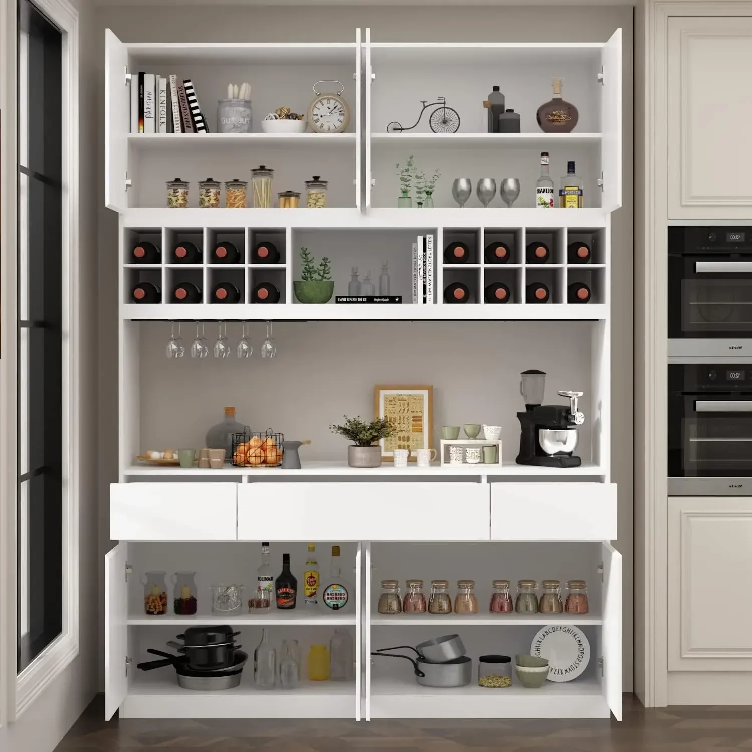 63" Wide Kitchen Hutch Cabinet, Storage Cupboard Pantry with 8 Doors, 3 Drawers, Wine Rack & Microwave Shelf, Utility Cupboard