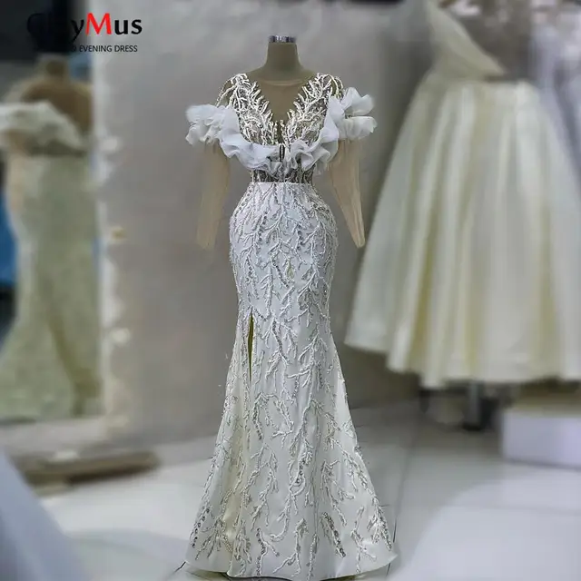 Giaymus luxury pearl beaded wedding dress with transparent sleeves mermaid wedding party dress d embroidered lace