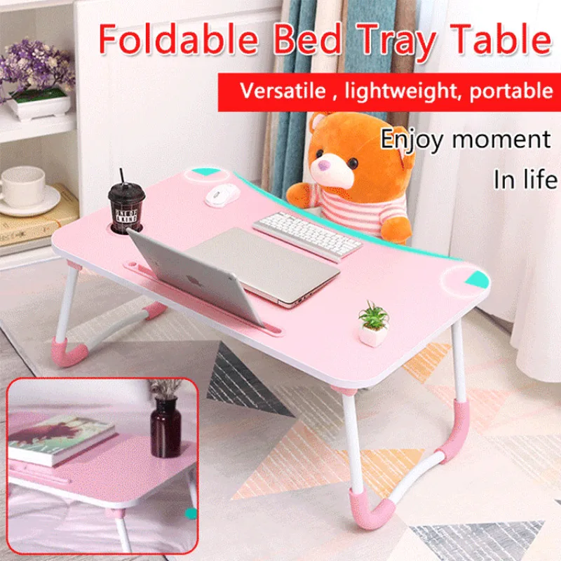 Home Foldable Bed Lazy Table Fashion Casual Simple Folding Small Table Student Dormitory Laptop with Tray Cup Holder