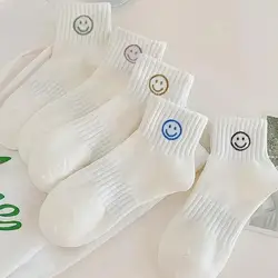 Whimsical Cartoon Face Print Short Socks - Soft and Breathable Comfort in Polyester Knit - 5 Pairs (A)