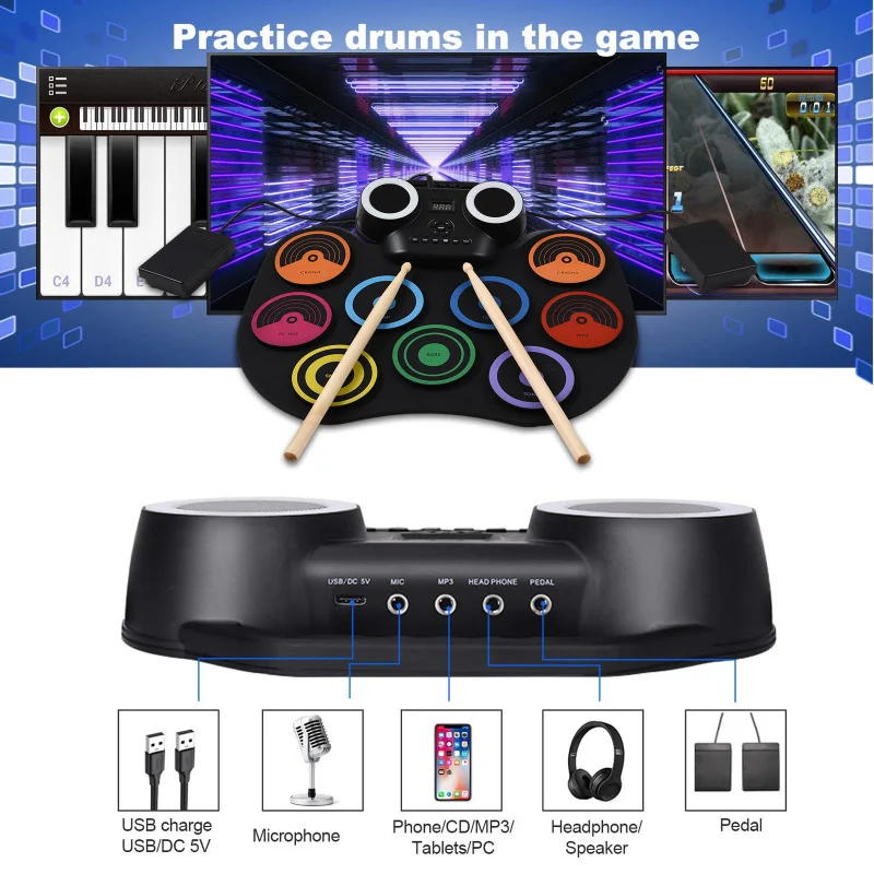 Portable Electronic Drum Hand-rolled Silicone Drum Set Built-in Speaker LED Display Monitorable with Foot Pedal USB or Battery portable drum pad,virtual drum kit