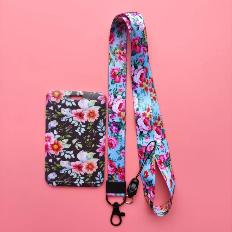 Floral Girls Card Holder Keychains Women's Lanyard ID Badge Holders Beautiful Credit Card Case Neck Strap Mobile Phone