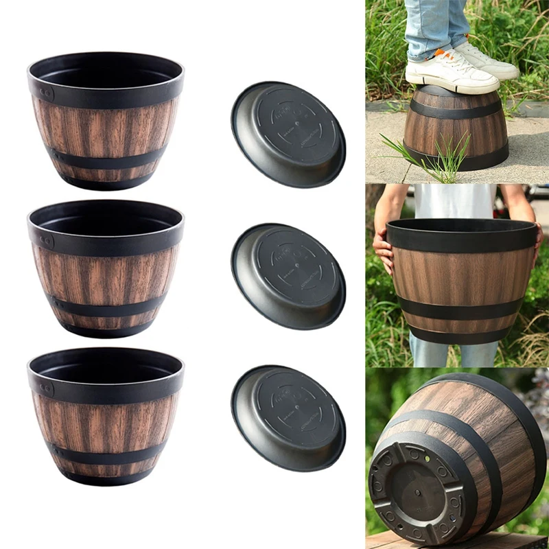 

Flower Pots, Whiskey Barrel Flower Pots, Plastic Flower Pots Imitation Wine Barrel Design,For Garden Plants(3PCS)