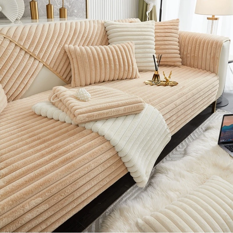 Thicken Plush Stripe Sofa Cover Image 6