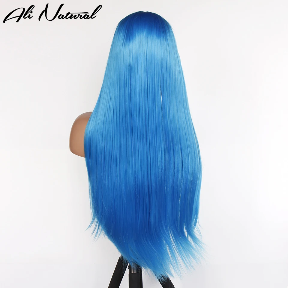 Bright Blue Color T Part Synthetic Lace Wig Long Silky Straight Light Blue Wig High Temperature Fiber Hair for Women 24inch
