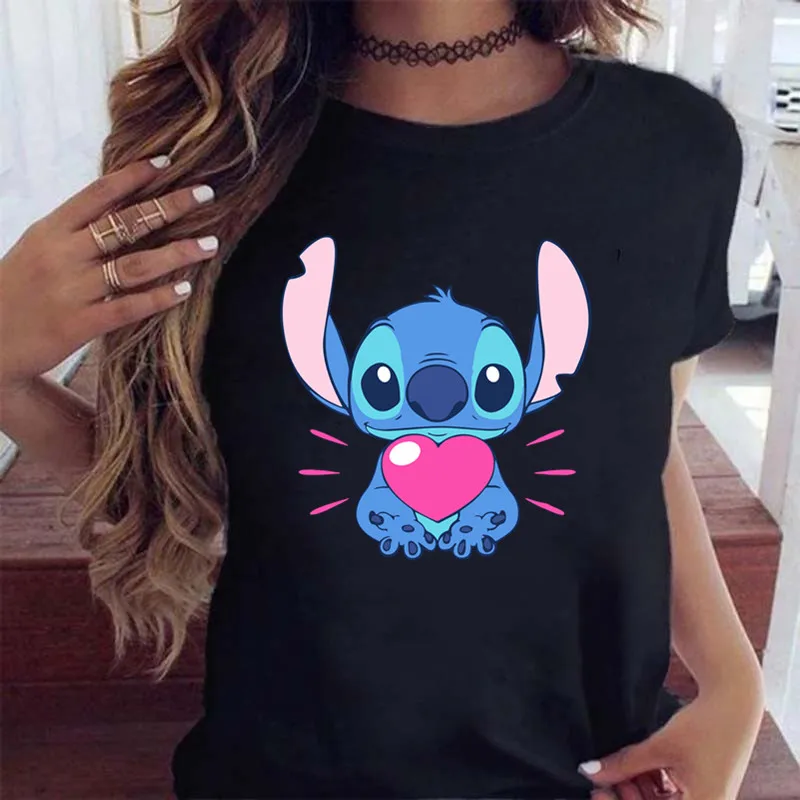 New Fashion Female Clothing Cartoon Disney Stitch Women's T-shirt Summer Short Sleeve Black Tops 2