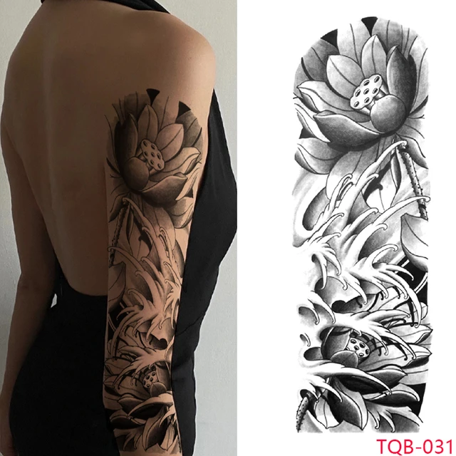 6 hojas de mangas de tatuaje temporal de flores grandes para mujer,  impermeables, color negro, rosa, realista, tatuajes temporales completos  para