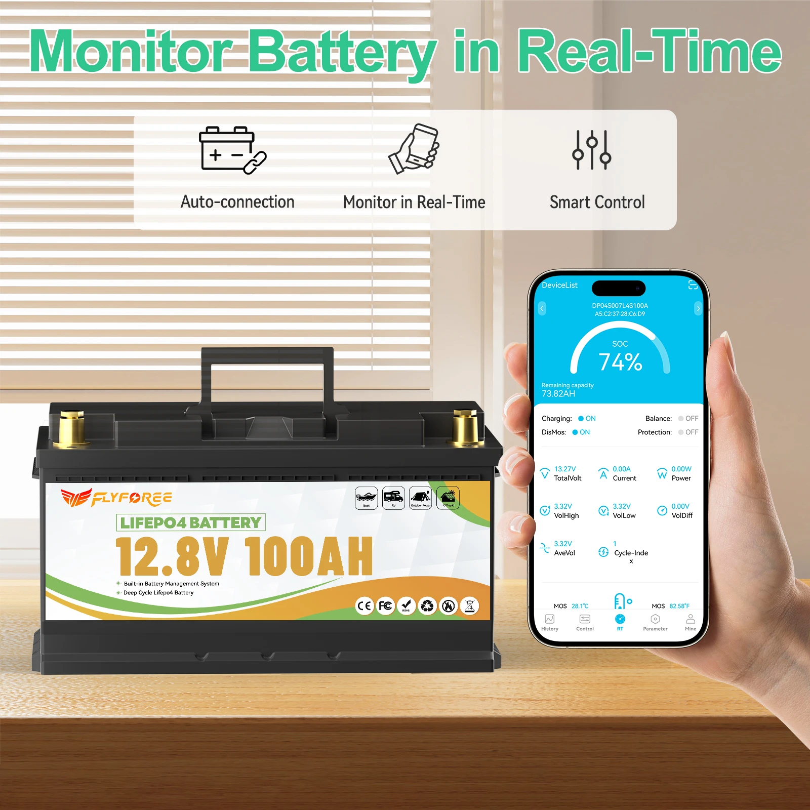 FLLYROWTH 12V 100Ah LiFePo4 Lithium-Akku mit Ladegerät Bluetooth 100A BMS für Wohnmobil-Bootsmotoren Solar-Wind-Lithium-Batterie – Detail 9