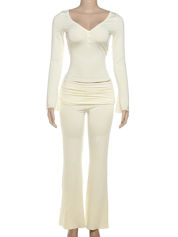 Nibber Hipster 2 Piece Set Women Button Low-Neck Full Sleeve Tops+Ruched Elastic Waist Pants Style Casual Comfortable Outfits