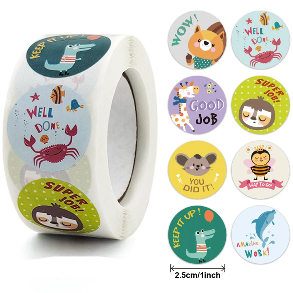 1roll Good Job Stickers 500pcs Set 1 Inch Cartoon Animal Rainbow Star  Reward Tape for Office