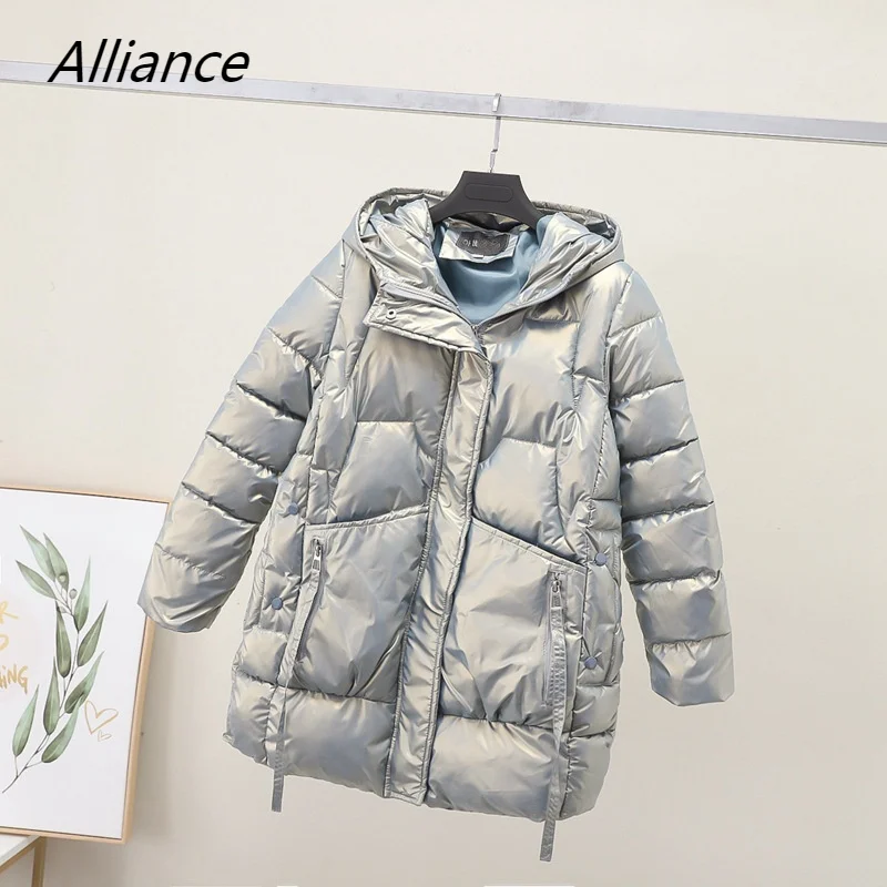 

2023 New Bright Face Down Cotton-padded Jacket Women's Mid-length Loose Hooded Thick Warm Korean Fashion Winter Jacket Regular