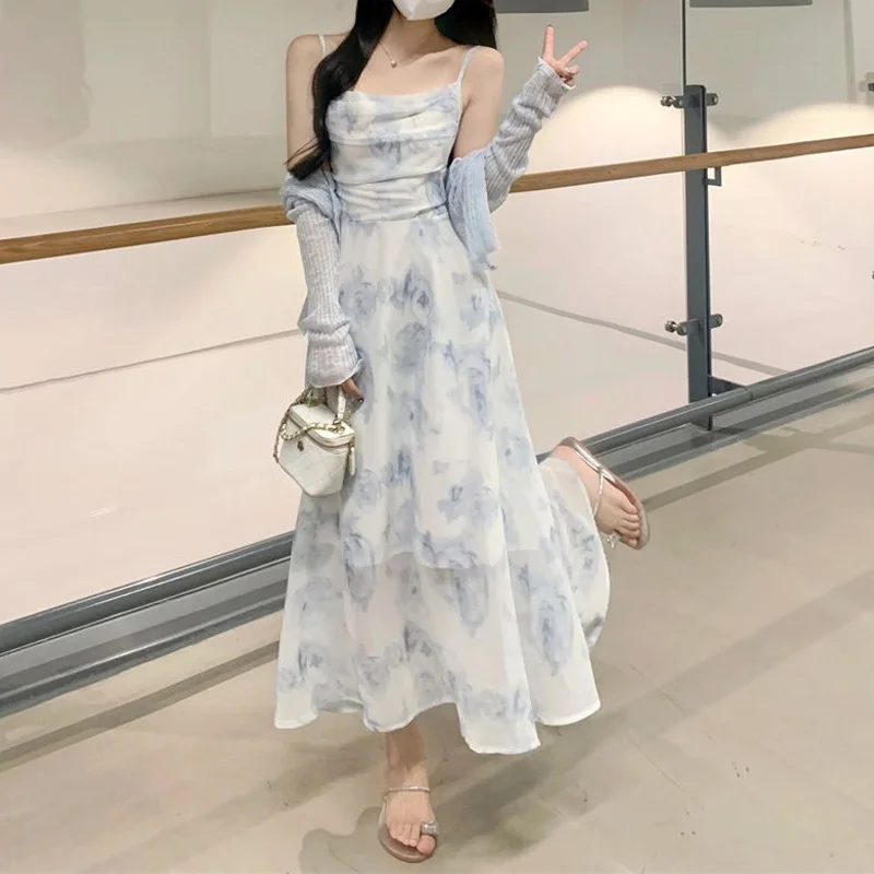 

2023 Summer Fashion Square Neck Fragmented Flower Back Hollow Out Suspended Dress Knitted Cardigan Coat Women's Two Piece Set