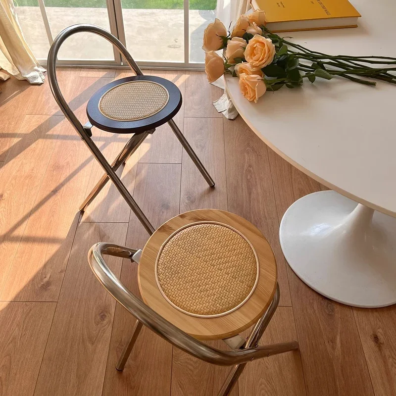 Vintage Folding Dining Chair Space-Saving Balcony Wooden Seat Rattan Design Sturdy Backrest for Compact Living Rustic Furniture