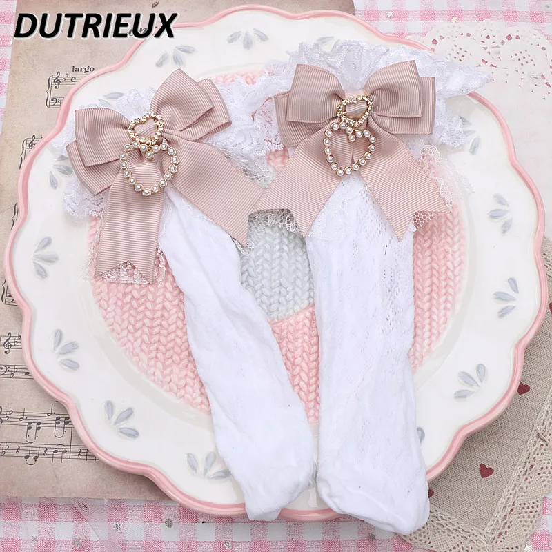 Handmade Sweet Lolita Socks Female Sweet Bow Pearl Heart Pendant Lace Tube Socks for Women Japanese Short Kawaii Girls