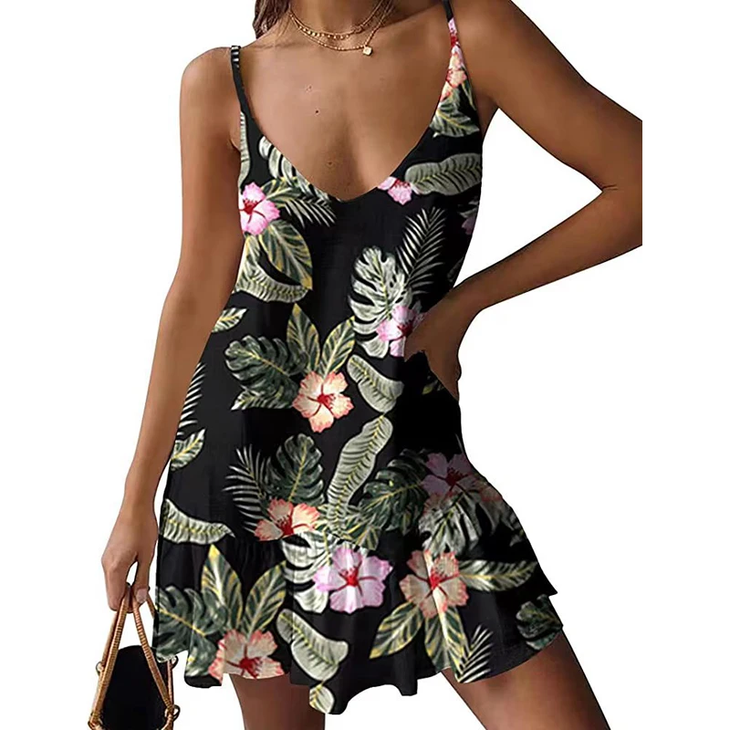 

OMSJ Summer Casual Printing Dress Women Sweet Cute Holiday Beachwear Sexy Sling V Neck High Waist Backless Pleated Mini Sundress