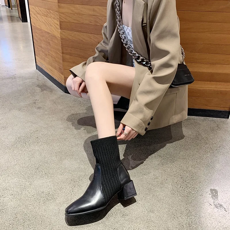 Ladies Shoes on Sale 2023 Basic Women's Boots Brand Ankle Boots Women Knitted Stretch Slip-on Square Toe Chunky Heel Shoes Women