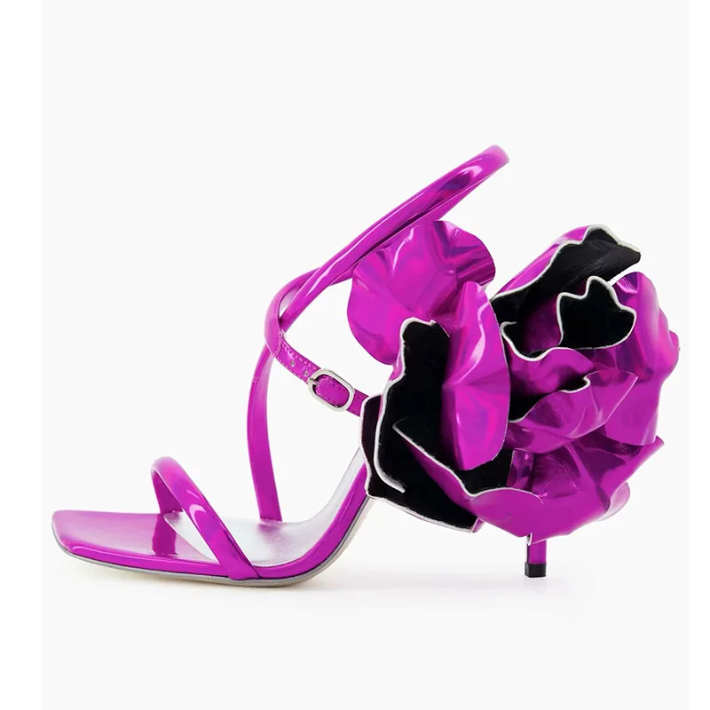

Patent Leather Back Huge Flower Sandals Cross Straps Open Toe Sexy Fashion Hollow Shoes Slingback Buckle Stiletto Heels Party