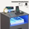 Nightstand with Wireless Charging Station with RGB Light,with Human Sensor, 2 Drawers & Open Shelf(Grey) 4