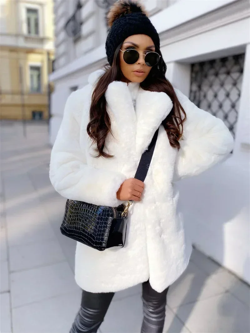 Women Purple Long Sleeve Lapel Winter Coat 2024 New Fashion Temperament Office LadyWhite Fur Jackets Clothing Red 4