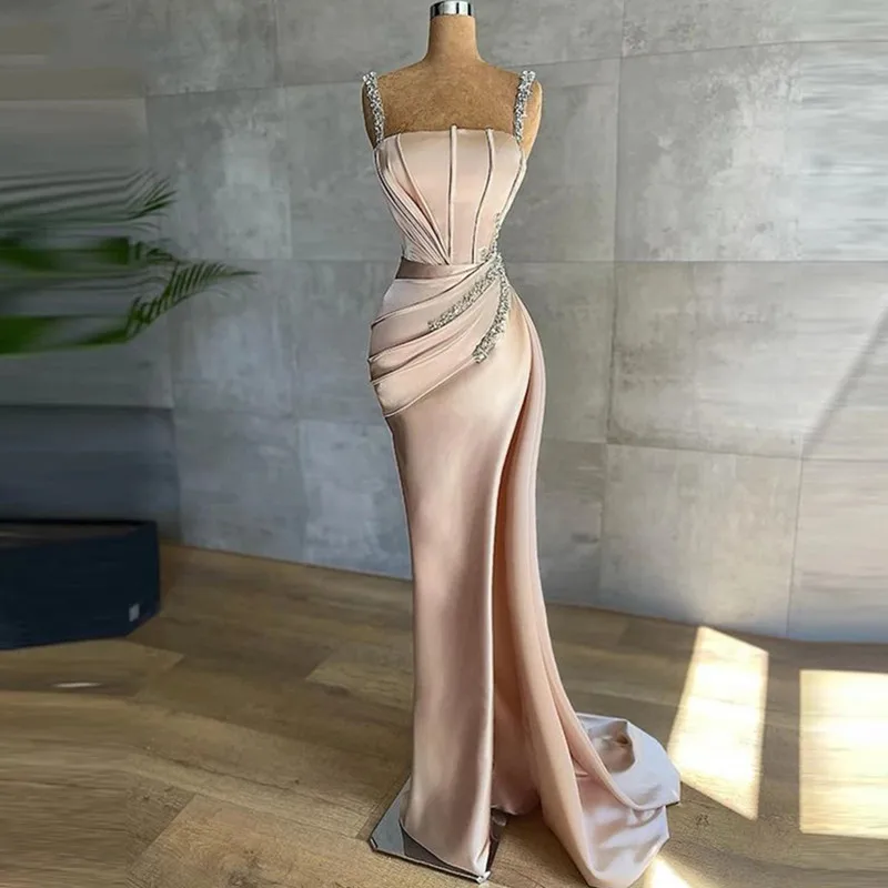 Elegant Ladies Satin Mermaid Luxurious Evening Dress Beaded Detachable Train Spaghetti Straps Prom Sexy Pleated Robes De Soirée