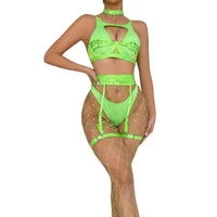 Brskbzda-Ensemble de lingerie bandage vert néon, Hallow Out avec bas en résille, tour de cou jarretière, luxe sexy, kit de paupières 1
