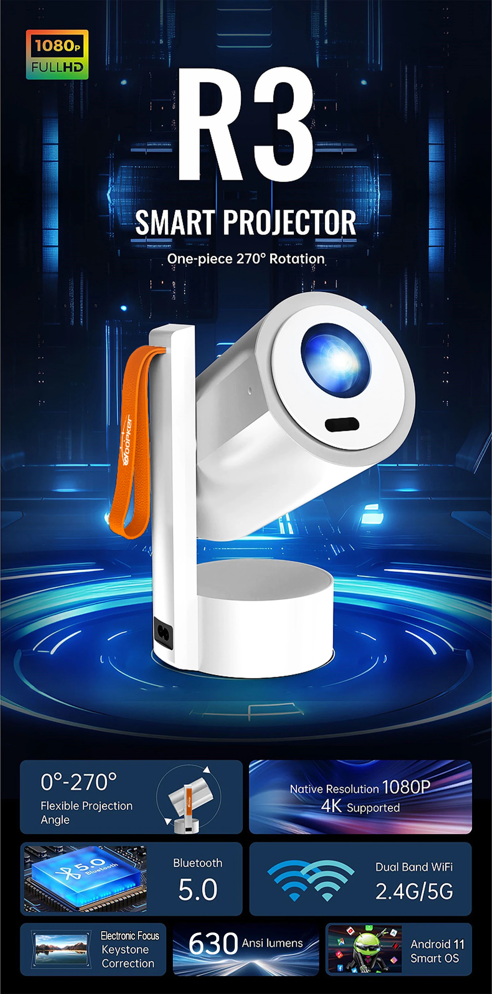 R3H4 Projector 630ANSI Native 1080P Support 4K Android11 BT5.0 Auto Keystone Cor