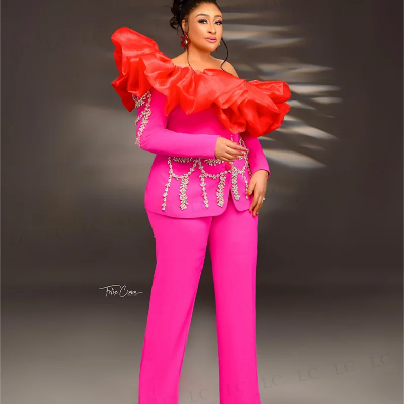 

Fashion Women Suits 2 Piece Blazer Pants One Button Beads Appliques Off Shoulder Waistless Party Slim Fit Plus Size Tailored