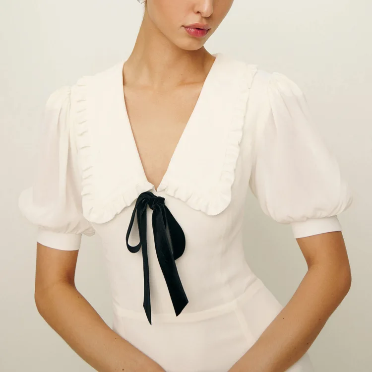 Ruffled White Elegant Long Dress Women's V-Neck Lace-Up Short Sleeve High Waist Patchwork Party Dress Ladies Maxi Dress