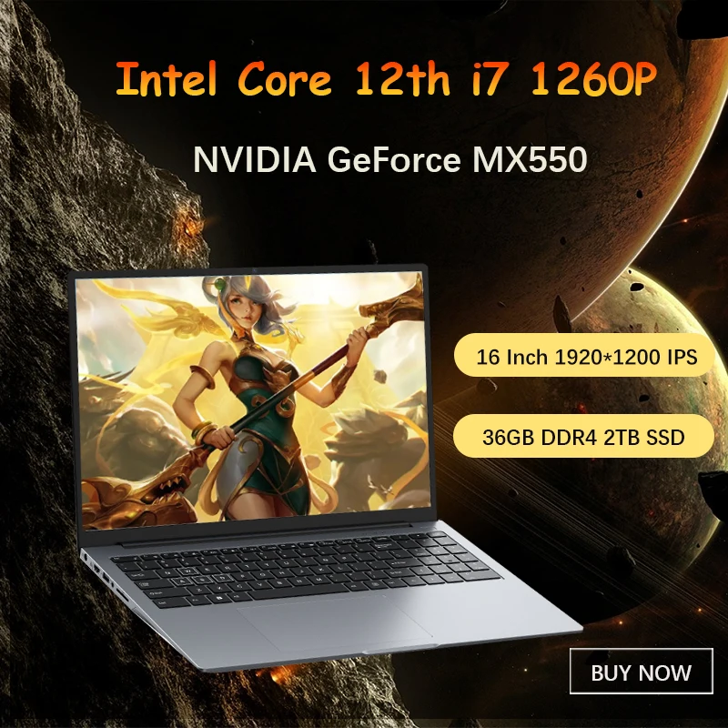 New 12th Gen Gaming Laptop NVIDIA MX 550 4G Intel Core i7 1260P 16 Inch IPS Screen Windows10/11Pro Fingerprint Notebook WIFI BT