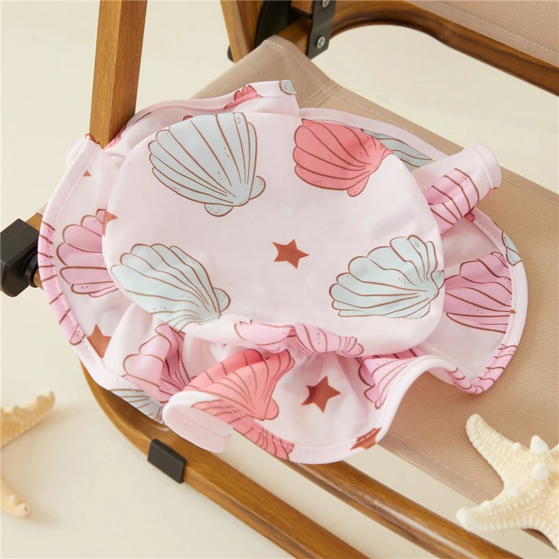 bebê, macacão de manga comprida, floral Shell Print, maiô com chapéu, 2 pcs