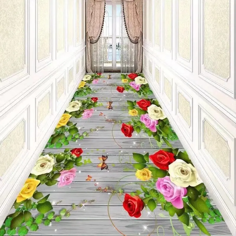 

3D Stereoscopic Flower and Grass Corridor Long Carpets Light Luxury HALLWAY Rug Non-slip Runner Carpet Pastoral Road Stair Mat