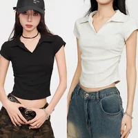 Coton été Sexy femmes t-shirt maigre mince basique solide haut court à manches courtes Polo t-shirt haut décontracté t-shirt pour les femmes 3