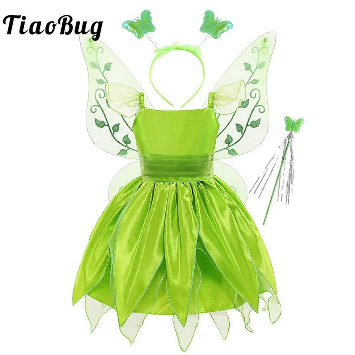 

Green Fairy Elf Princess Angel Costume Kids Girls Sleeveless Mesh Tutu Dress+Glittery Wings Set Halloween Cosplay Party Dress Up