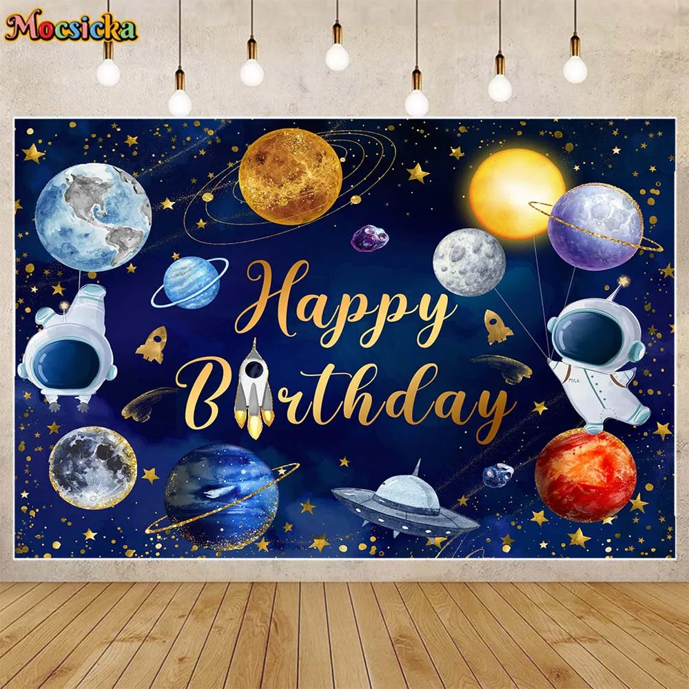 

Mocsicka Space Kids Birthday Backdrop Photography Planet Spaceship Astronaut Boy Birthday Party Decor Background Photocall Props