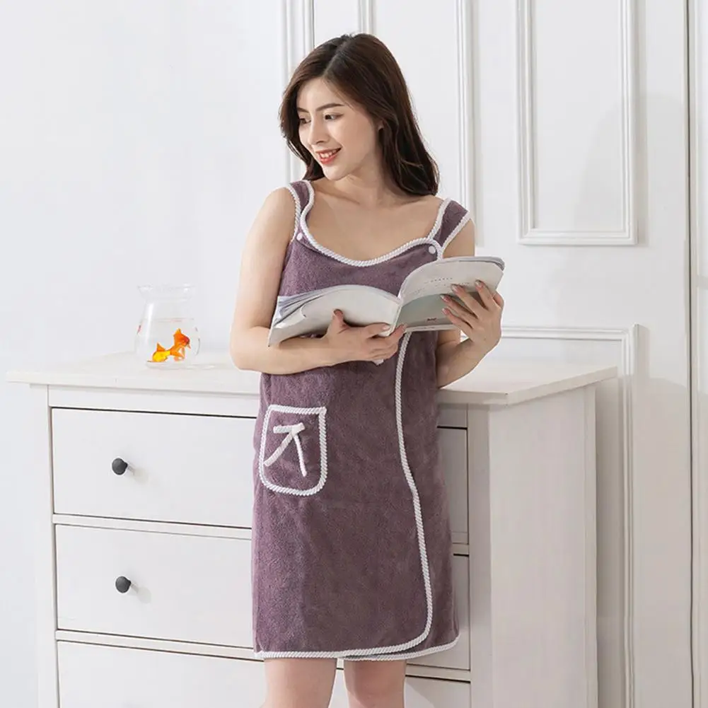 Cozy Bath Towel Women Plush Bathrobe Soft Coral Fleece Bath Towel Wrap with Adjustable Button Closure Unisex Pocket for Shower
