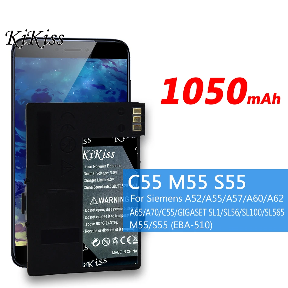 Batteria Di Ricambio Kikiss 1050Mah Per Siemens A52/A55/A57/A60/A62/A65/A70/C55/Gigaset Sl1/Sl56/Sl100/Sl565/M55/S55 (Eba-510)